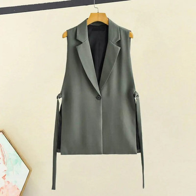 Women Vest Coat Turn-down Collar Sleeveless Loose Waistcoat Single Button Cardigan Mid Length Commute Formal Suit Waistcoat