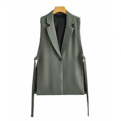 Moteriška liemenė, paltas, apverčiama apykakle, be rankovių, laisva liemenė su vienu sagutiniu megztiniu, vidutinio ilgio, formalaus kostiumo liemenė