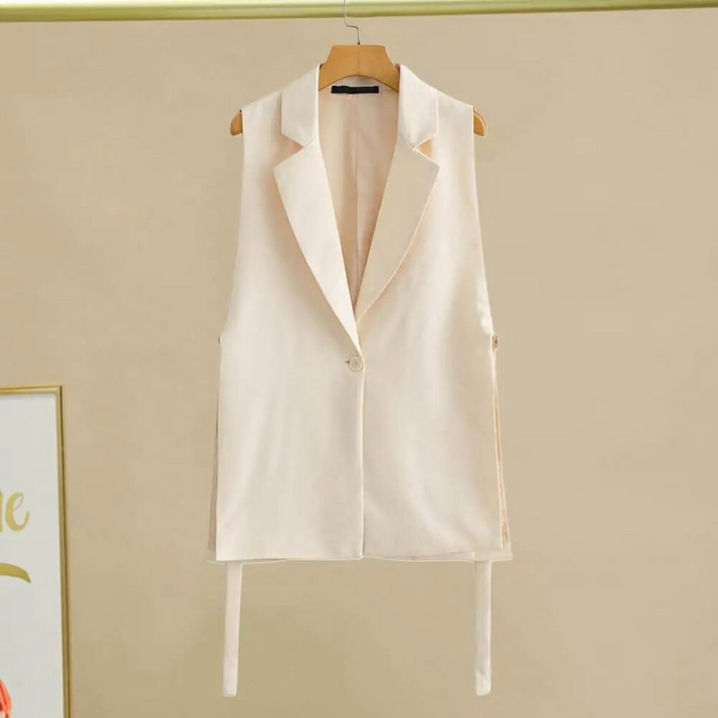 Moteriška liemenė, paltas, apverčiama apykakle, be rankovių, laisva liemenė su vienu sagutiniu megztiniu, vidutinio ilgio, formalaus kostiumo liemenė