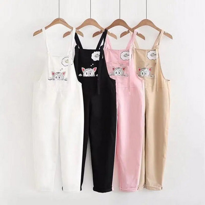 Japan Style Girl Cute Cartoon Cat Printing Embroidered Pink Overalls White Black Khaki Jumpsuits Female Summer Kwaii Overalls