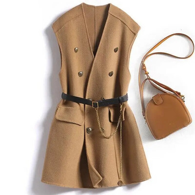 2023 m. rudens/žiemos nauja vilnonė moteriška liemenė vidutinio ilgio V formos iškirptė be rankovių Kam pečių liemenės diržas vilnonis arklio striukės paltas