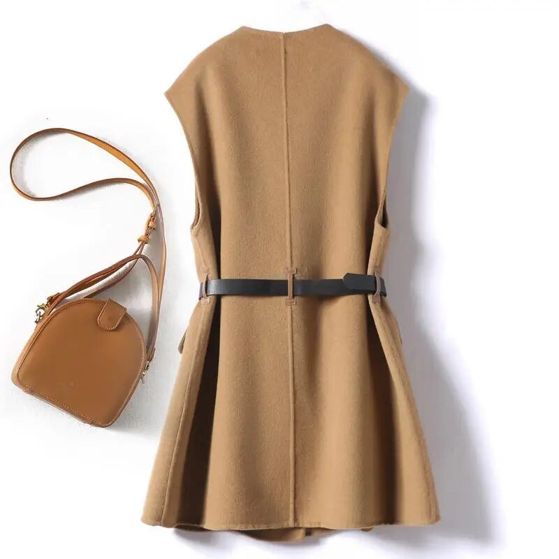 2023 m. rudens/žiemos nauja vilnonė moteriška liemenė vidutinio ilgio V formos iškirptė be rankovių Kam pečių liemenės diržas vilnonis arklio striukės paltas