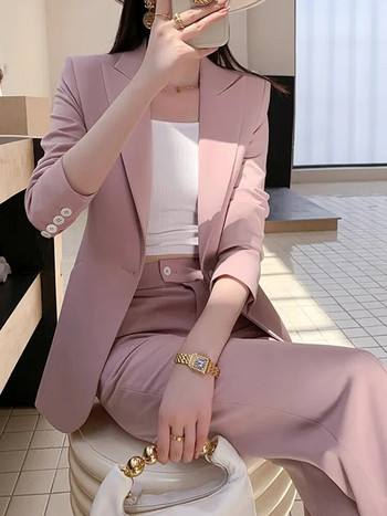 Circyy Костюм за жени Офис облекло 2023 Корейска мода Нови розови блейзъри с дълъг ръкав с едно копче + Тесни панталони с висока талия