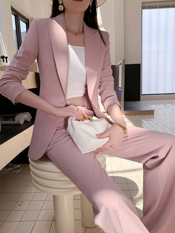 Circyy Костюм за жени Офис облекло 2023 Корейска мода Нови розови блейзъри с дълъг ръкав с едно копче + Тесни панталони с висока талия