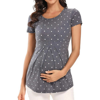 Тениска с щампи на точки за бременни с волани Ежедневна лятна тениска с къс ръкав за жени за кърмачки Пуловер за бременни с кръгло деколте Основна тениска за кърмачки