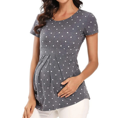 Тениска с щампи на точки за бременни с волани Ежедневна лятна тениска с къс ръкав за жени за кърмачки Пуловер за бременни с кръгло деколте Основна тениска за кърмачки