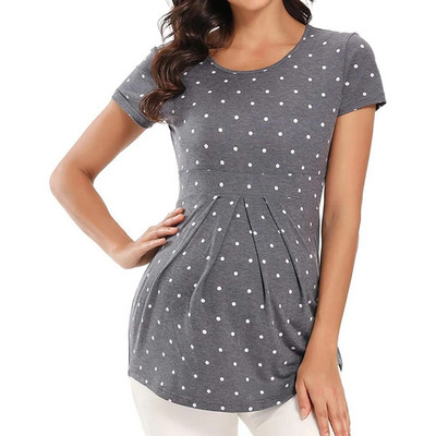 Tricou cu imprimeuri cu buline de maternitate cu volane, ocazional, vară, cu mânecă scurtă, pentru femei, maiuri de alăptare, pulover, pentru sarcină, cu decolteu, tricou de bază pentru îngrijire