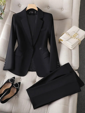Тъмносиво сив черен дамски костюм с панталон Официален офис дамски бизнес облекло Сако и панталон Дамски комплект от 2 части