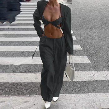 Wefads γυναικείο σακάκι κοστούμι φθινοπωρινής μόδας Σέξι μονόχρωμο μακρυμάνικο ψηλόμεσο V λαιμόκοψη Σετ παντελόνι με κορδόνια Streetwear