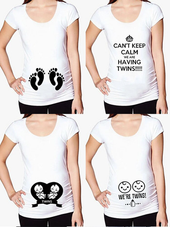 2024 Забавна бяла черна тениска за бременни Сладка удобна тениска за бременни близнаци Тениска за бременни летни тениски с къс ръкав