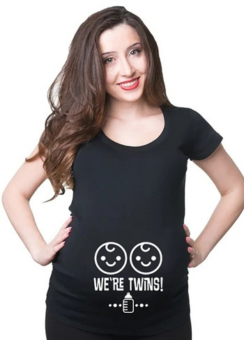2024 Забавна бяла черна тениска за бременни Сладка удобна тениска за бременни близнаци Тениска за бременни летни тениски с къс ръкав