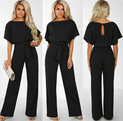 Moteriškas vasaros kombinezonas laisvalaikio trumpomis rankovėmis vienspalvis kostiumas apvaliu kaklu aukštu juosmeniu, elegantiškas suvarstomas kombinezonas.