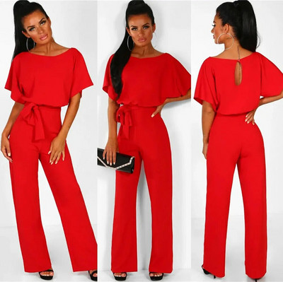 Moteriškas vasaros kombinezonas laisvalaikio trumpomis rankovėmis vienspalvis kostiumas apvaliu kaklu aukštu juosmeniu, elegantiškas suvarstomas kombinezonas.