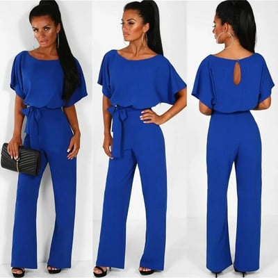 Moteriškas vasaros kombinezonas laisvalaikio trumpomis rankovėmis vienspalvis kostiumas apvaliu kaklu aukštu juosmeniu, elegantiškas suvarstomas kombinezonas.