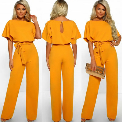 Moteriškas vasaros kombinezonas laisvalaikio trumpomis rankovėmis vienspalvis kostiumas apvaliu kaklu aukštu juosmeniu, elegantiškas suvarstomas kombinezonas.