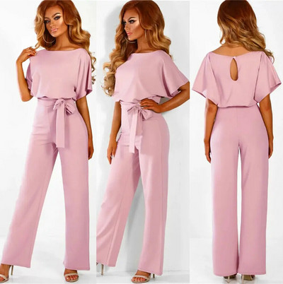 Moteriškas vasaros kombinezonas laisvalaikio trumpomis rankovėmis vienspalvis kostiumas apvaliu kaklu aukštu juosmeniu, elegantiškas suvarstomas kombinezonas.