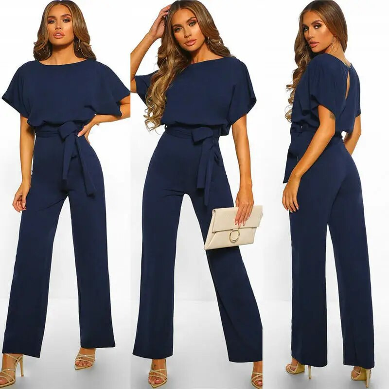 Moteriškas vasaros kombinezonas laisvalaikio trumpomis rankovėmis vienspalvis kostiumas apvaliu kaklu aukštu juosmeniu, elegantiškas suvarstomas kombinezonas.