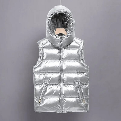 Europos Amerika madinga sidabrinė moteriška liemenė rudens žieminė striukė su gobtuvu be rankovių šilta žieminė vandeniui atspari liemenė 2023 m. Nauja
