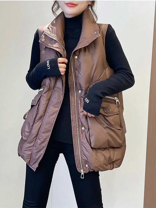 Moteriškos palaidos medvilninės liemenės rudens žiemos moteriškos užtrauktuku didelės kišeninės liemenės Moteriškos tvirtos rankovių liemenės