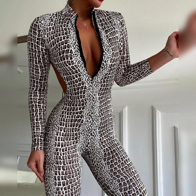 Gymdolphins 2023 New Women Sexy Jumpsuit Snakeskin Printed Backless Skinny Jumpsuits Zippered Long Sleeves Yoga One-piece Suits
