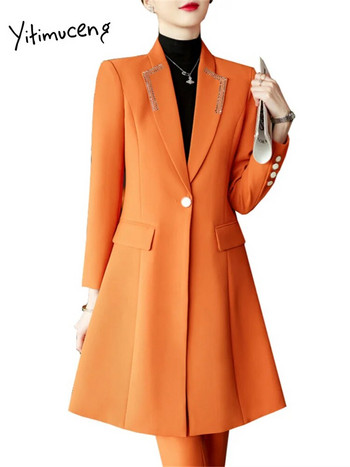 Yitimuceng Μακριά Κοστούμια για γυναίκες 2023 Γραφείο μόδας Γυναικείο με μονό κουμπί γιακά Φθινοπωρινό μπλέιζερ Ψηλόμεσο παντελόνι