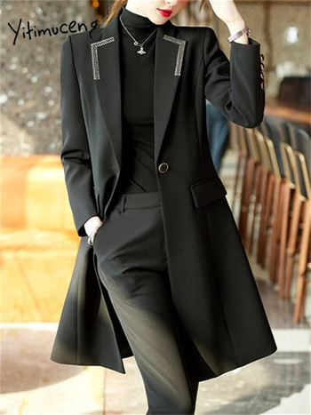 Yitimuceng Μακριά Κοστούμια για γυναίκες 2023 Γραφείο μόδας Γυναικείο με μονό κουμπί γιακά Φθινοπωρινό μπλέιζερ Ψηλόμεσο παντελόνι
