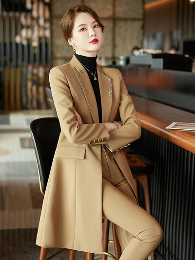 Yitimuceng duga odijela za žene 2023. Modni uredski damski odijela s jednim dugmetom na spušteni ovratnik, jesenski sako s visokim strukom