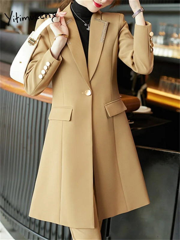 Yitimuceng duga odijela za žene 2023. Modni uredski damski odijela s jednim dugmetom na spušteni ovratnik, jesenski sako s visokim strukom
