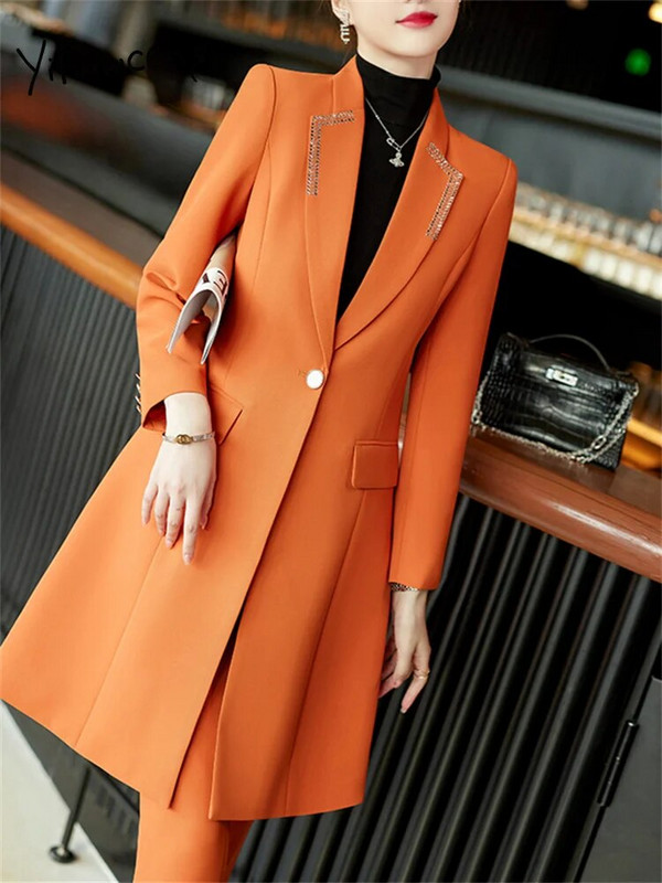 Yitimuceng duga odijela za žene 2023. Modni uredski damski odijela s jednim dugmetom na spušteni ovratnik, jesenski sako s visokim strukom