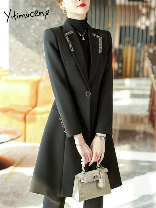 Yitimuceng duga odijela za žene 2023. Modni uredski damski odijela s jednim dugmetom na spušteni ovratnik, jesenski sako s visokim strukom