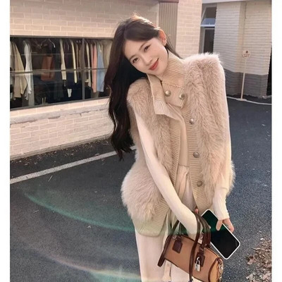 Women 2023 Faux Fur Vest Coat Single Breasted Cardigan Female  Loose Winter  Knitted Sweater stand-up collar Warm Vest Outerwear