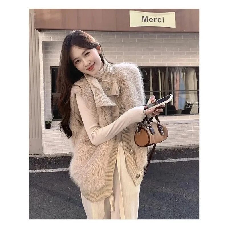 Moterų, 2023 m. dirbtinio kailio liemenės paltas, vienaeilis megztinis, moteriškas laisvas žieminis megztinis megztinis, apykaklė šilta liemenė, viršutiniai drabužiai