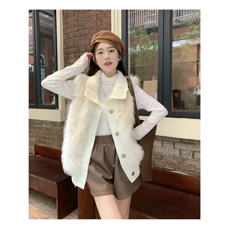 Moterų, 2023 m. dirbtinio kailio liemenės paltas, vienaeilis megztinis, moteriškas laisvas žieminis megztinis megztinis, apykaklė šilta liemenė, viršutiniai drabužiai