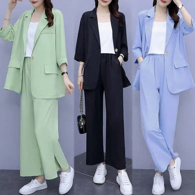 Women`s 2024 Spring New Casual Thin Suit Jacket Matching Set Korean Elegant Loose Blazers Pants Two Piece Female Chic Clothing