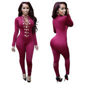 Szexi Bodycon Jumpsuit Romper hosszú ujjú Body Női Fűzős Skinny Jumpsuit Elegáns Teljes hosszúságú Stretch nadrágok Klubruházat