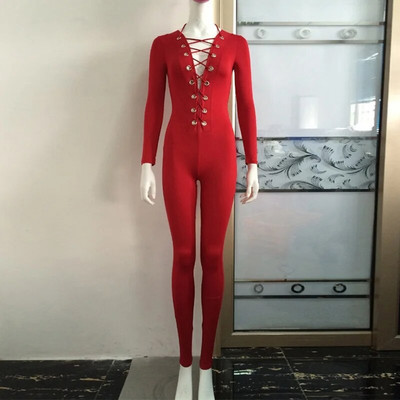 Szexi Bodycon Jumpsuit Romper hosszú ujjú Body Női Fűzős Skinny Jumpsuit Elegáns Teljes hosszúságú Stretch nadrágok Klubruházat
