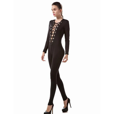 Szexi Bodycon Jumpsuit Romper hosszú ujjú Body Női Fűzős Skinny Jumpsuit Elegáns Teljes hosszúságú Stretch nadrágok Klubruházat