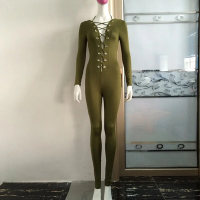 Szexi Bodycon Jumpsuit Romper hosszú ujjú Body Női Fűzős Skinny Jumpsuit Elegáns Teljes hosszúságú Stretch nadrágok Klubruházat
