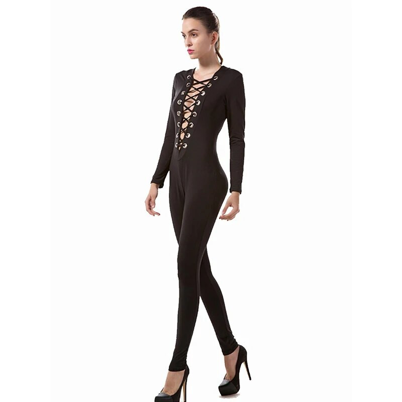 Szexi Bodycon Jumpsuit Romper hosszú ujjú Body Női Fűzős Skinny Jumpsuit Elegáns Teljes hosszúságú Stretch nadrágok Klubruházat