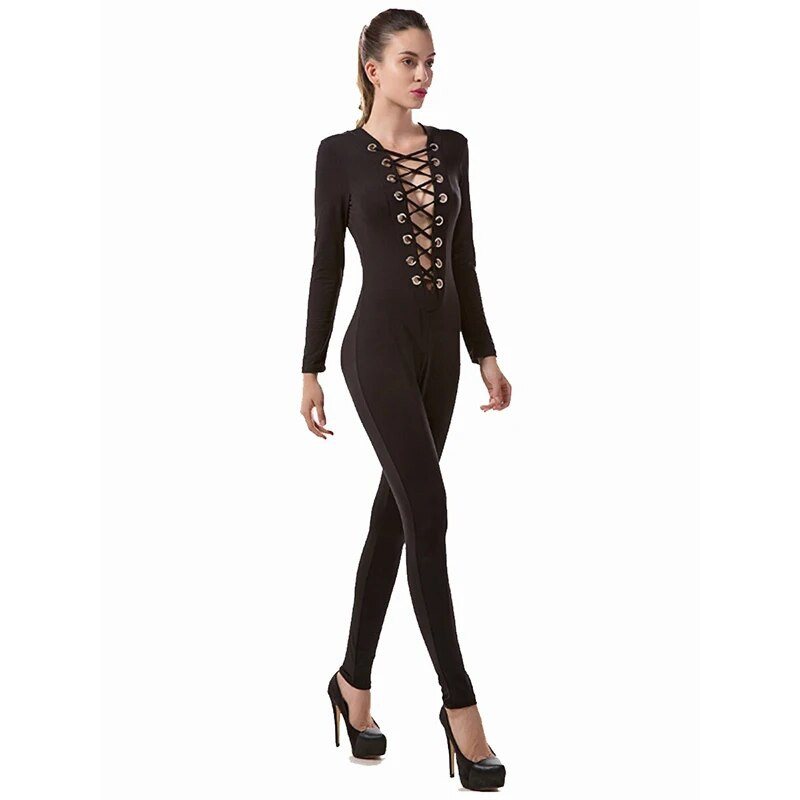 Szexi Bodycon Jumpsuit Romper hosszú ujjú Body Női Fűzős Skinny Jumpsuit Elegáns Teljes hosszúságú Stretch nadrágok Klubruházat