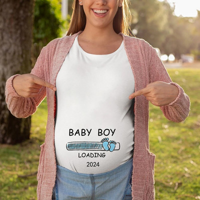 Terhességi bemondó ingek 2024 Anya Kisfiú és Lány Betöltő póló Kismama ruhák Nemek Felfedi Baby Loading Ingek