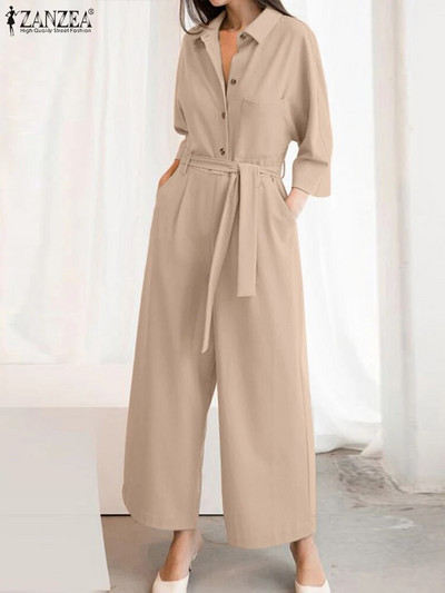 ZANZEA Femme Casual Street Rompers Fashion Work OL Overalls Woman 3/4 Sleeve Lapel Neck Playsuits Elegant Solid Jumpsuits 2024