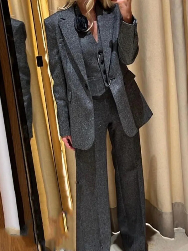 TRAFZA pavasariniai 3 dalių kostiumai moterims ilgomis rankovėmis, ilgomis rankovėmis, ilgomis rankovėmis su gėlėmis ir universalios moteriškos plačios kelnės