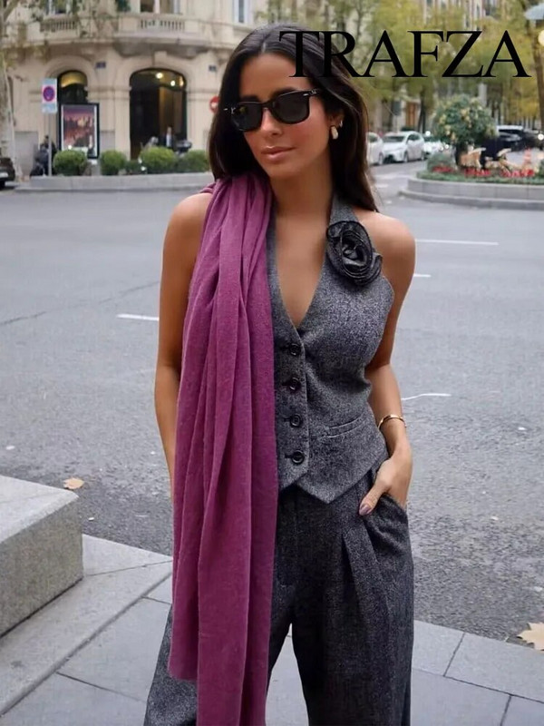 TRAFZA pavasariniai 3 dalių kostiumai moterims ilgomis rankovėmis, ilgomis rankovėmis, ilgomis rankovėmis su gėlėmis ir universalios moteriškos plačios kelnės