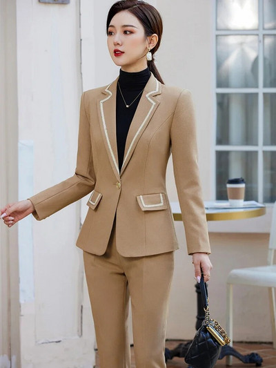 Modni ženski blejzer odijelo s hlačama Ženska marelica crno-zelena kaki ženska poslovna radna odjeća Svečani set od 2 komada sakoa i hlača