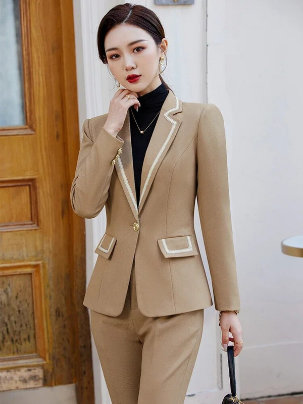 Modni ženski blejzer odijelo s hlačama Ženska marelica crno-zelena kaki ženska poslovna radna odjeća Svečani set od 2 komada sakoa i hlača