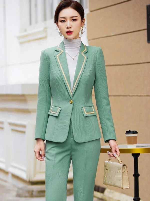 Modni ženski blejzer odijelo s hlačama Ženska marelica crno-zelena kaki ženska poslovna radna odjeća Svečani set od 2 komada sakoa i hlača