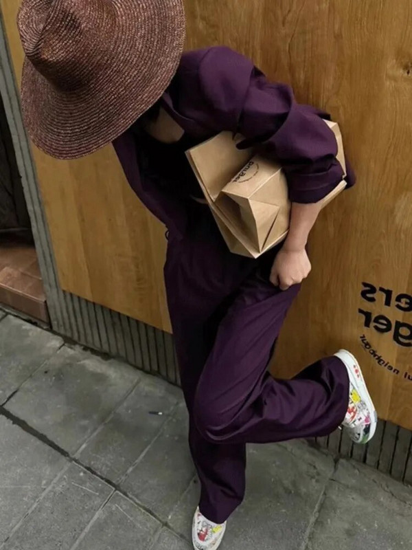 Modni ženski odijelo s hlačama Svečana ženska uredska poslovna radna odjeća Blejzer i hlače Ljubičasti komplet od 2 komada Ženska odjeća