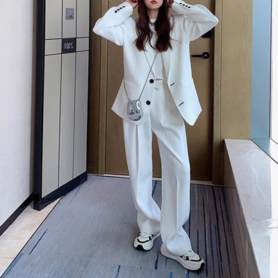 Sügisbleiserite komplektid Korea 2-osaline naiste pikkade varrukatega avara ülikond jakk püksid ülikonnad kontori naiste tööriiete ansambel naisterahvas