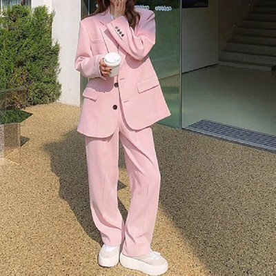 Sügisbleiserite komplektid Korea 2-osaline naiste pikkade varrukatega avara ülikond jakk püksid ülikonnad kontori naiste tööriiete ansambel naisterahvas